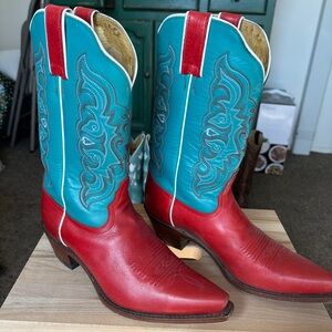 Tony Lama Cowboy Boots Red and Turquoise WESTERN 8.5